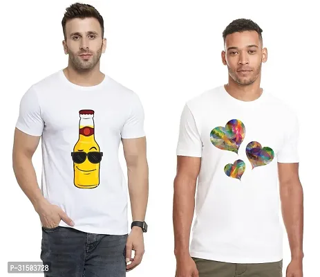 Stylish White Polyester Printed Short Sleeves T-Shirt For Men Pack Of 2-thumb0