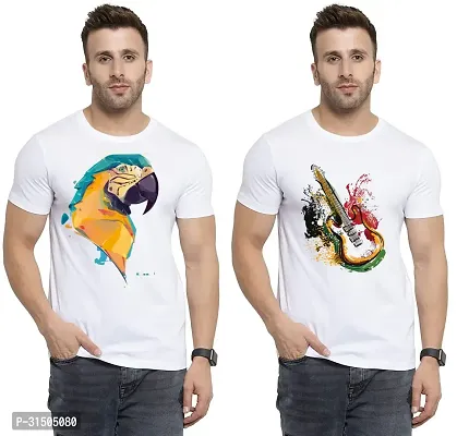 Stylish White Polyester Printed Short Sleeves T-Shirt For Men Pack Of 2