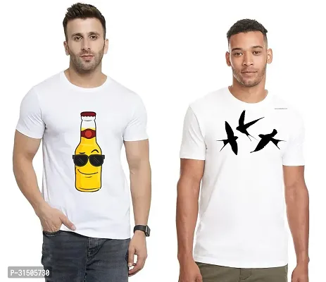 Stylish White Polyester Printed Short Sleeves T-Shirt For Men Pack Of 2