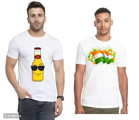 Stylish White Polyester Printed Short Sleeves T-Shirt For Men Pack Of 2