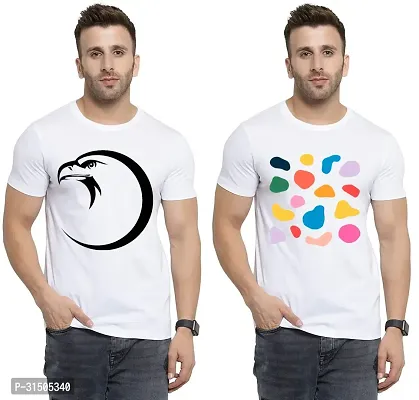 Stylish White Polyester Printed Short Sleeves T-Shirt For Men Pack Of 2