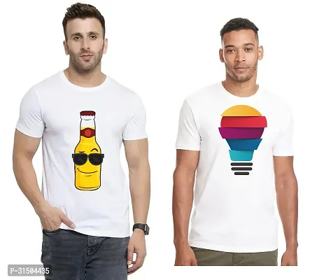 Stylish White Polyester Printed Short Sleeves T-Shirt For Men Pack Of 2