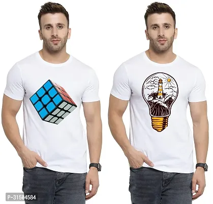 Stylish White Polyester Printed Short Sleeves T-Shirt For Men Pack Of 2-thumb0