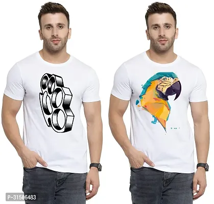 Stylish White Polyester Printed Short Sleeves T-Shirt For Men Pack Of 2-thumb0