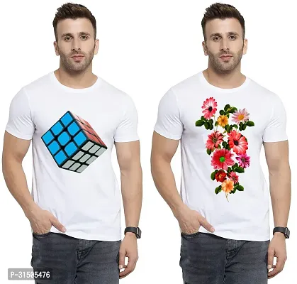 Stylish White Polyester Printed Short Sleeves T-Shirt For Men Pack Of 2-thumb0