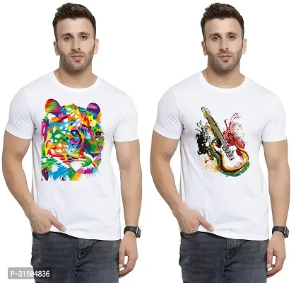 Stylish White Polyester Printed Short Sleeves T-Shirt For Men Pack Of 2