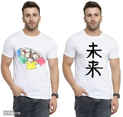 Stylish White Polyester Printed Short Sleeves T-Shirt For Men Pack Of 2