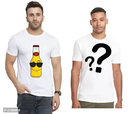 Stylish White Polyester Printed Short Sleeves T-Shirt For Men Pack Of 2