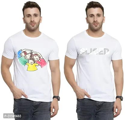 Stylish White Polyester Printed Short Sleeves T-Shirt For Men Pack Of 2