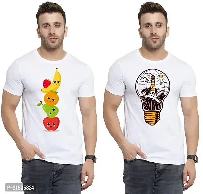 Stylish White Polyester Printed Short Sleeves T-Shirt For Men Pack Of 2