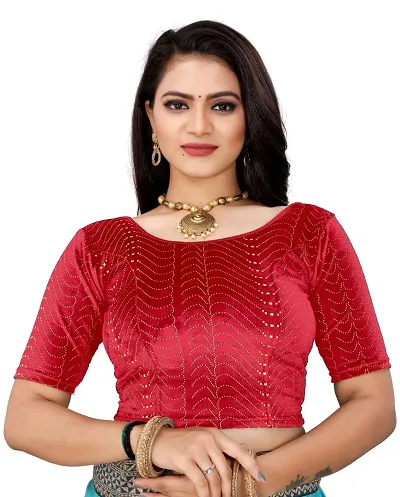 SHREE MD Round Neck Velvet Stretchable Half Sleeve Readymade Saree Blouse for Women