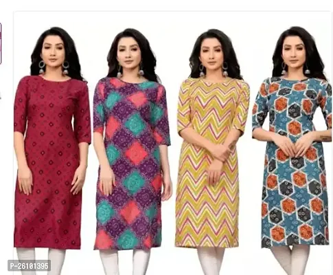 Stylish Multicoloured Poly Crepe Straight Printed Stitched Kurti For Women, Pack Of 4