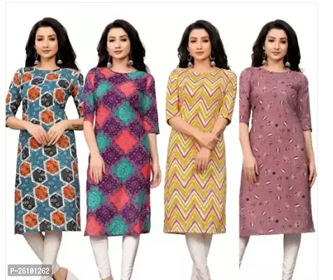 Stylish Multicoloured Poly Crepe Straight Printed Stitched Kurti For Women, Pack Of 4