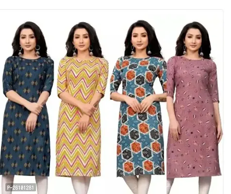 Stylish Multicoloured Poly Crepe Straight Printed Stitched Kurti For Women, Pack Of 4