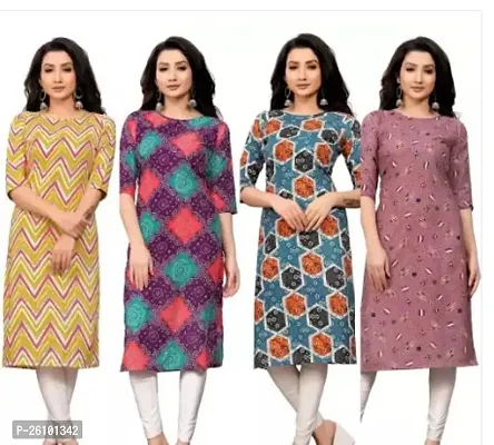 Stylish Multicoloured Poly Crepe Straight Printed Stitched Kurti For Women, Pack Of 4