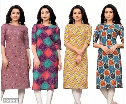 Stylish Multicoloured Poly Crepe Straight Printed Stitched Kurti For Women, Pack Of 4