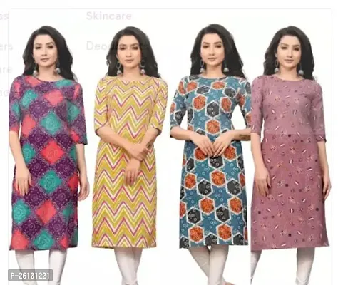 Stylish Multicoloured Poly Crepe Straight Printed Stitched Kurti For Women, Pack Of 4-thumb0