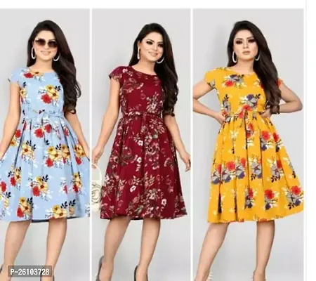 Stylish Poly Crepe Printed Dress For Women Pack Of 3-thumb0