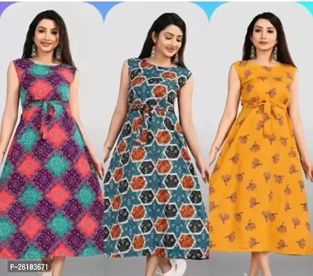 Stylish Poly Crepe Printed Dress For Women Pack Of 3