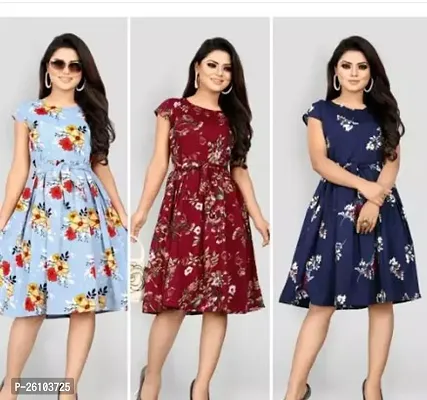 Stylish Poly Crepe Printed Dress For Women Pack Of 3-thumb0