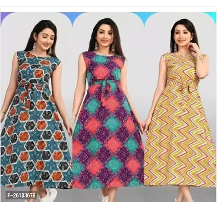 Stylish Poly Crepe Printed Dress For Women Pack Of 3