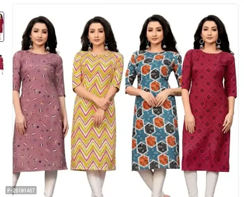 Stylish Multicoloured Poly Crepe Straight Printed Stitched Kurti For Women, Pack Of 4