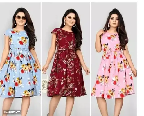 Stylish Poly Crepe Printed Dress For Women Pack Of 3-thumb0