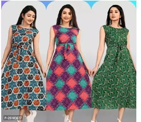 Stylish Poly Crepe Printed Dress For Women Pack Of 3-thumb0