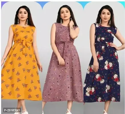 Stylish Poly Crepe Printed Dress For Women Pack Of 3-thumb0