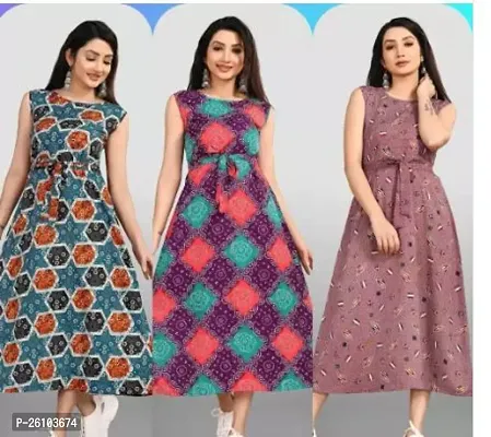 Stylish Poly Crepe Printed Dress For Women Pack Of 3