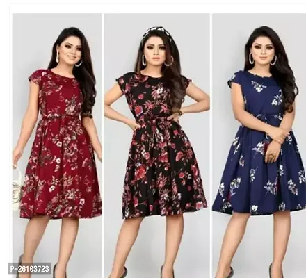 Stylish Poly Crepe Printed Dress For Women Pack Of 3-thumb0