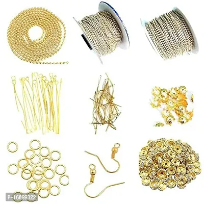Classic Ball Chain, Pearl Chain, Stone Chain, Spacers, Bead Caps, Eye Pins, Head Pins, Jump Rings, Ear Wires, Combo (9 Items) For Jewellery Making Mini Kit For Beginners