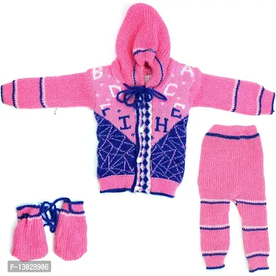 Navjai Born Baby Woollen Sweater Full Sleeves Alphabet Print Knitted Hooded/Hoodie Coller Sweatshirt Sweater with pant/Pyjama and Booties Set Cloth Keep Warm Winter Wear 0-18Month Baby Girls & Boys-thumb0