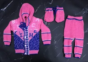 Navjai Born Baby Woollen Sweater Full Sleeves Alphabet Print Knitted Hooded/Hoodie Coller Sweatshirt Sweater with pant/Pyjama and Booties Set Cloth Keep Warm Winter Wear 0-18Month Baby Girls & Boys-thumb1