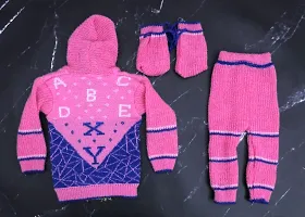 Navjai Born Baby Woollen Sweater Full Sleeves Alphabet Print Knitted Hooded/Hoodie Coller Sweatshirt Sweater with pant/Pyjama and Booties Set Cloth Keep Warm Winter Wear 0-18Month Baby Girls & Boys-thumb2