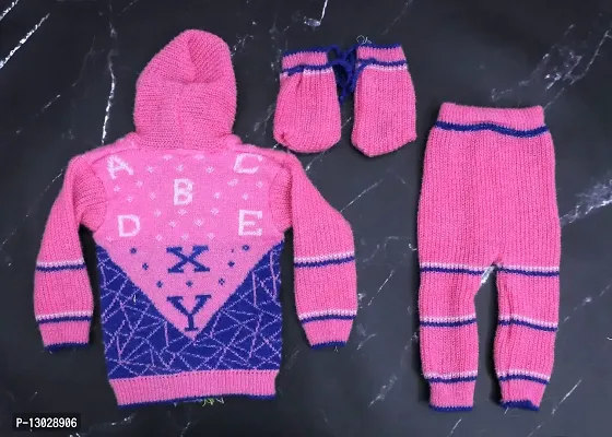Navjai Born Baby Woollen Sweater Full Sleeves Alphabet Print Knitted Hooded/Hoodie Coller Sweatshirt Sweater with pant/Pyjama and Booties Set Cloth Keep Warm Winter Wear 0-18Month Baby Girls & Boys-thumb3