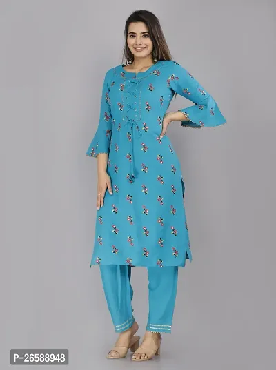 Stylish A-Line Blue Printed Viscose Rayon Kurta Bottom Set For Women-thumb2