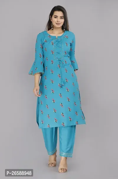 Stylish A-Line Blue Printed Viscose Rayon Kurta Bottom Set For Women-thumb0