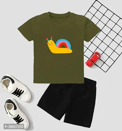 Stylish Cotton Blend Olive Printed T-Shirts With Shorts For Boys
