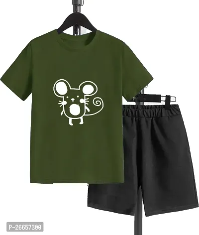 Stylish Cotton Blend Olive Printed T-Shirts With Shorts For Boys