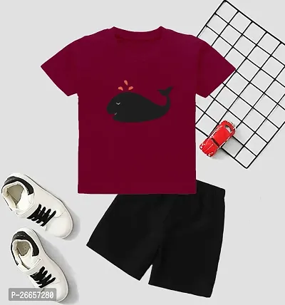 Stylish Cotton Blend Maroon Printed T-Shirts With Shorts For Boys-thumb0