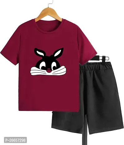 Stylish Cotton Blend Maroon Printed T-Shirts With Shorts For Boys