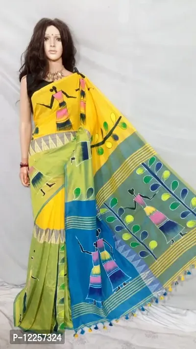 Beautiful Cotton Handloom Hand Print Saree With Blouse Piece For Women-thumb0