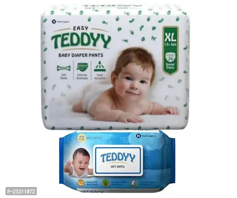 1 Teddy Xl Baby Diaper Pants For Baby Weight 13Kg And Above Pack Of 26 Diaper Pants And 1 Baby Wet Wipes Extra Soft And Gentle, Enriched With Aloe Vera, Hypoallergenic Formula Pack Of 72 Wipes-thumb0