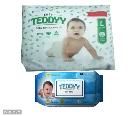 1 Teddy Large Baby Diaper Pants For Baby Weight 9-13Kg Pack Of 30 Diapers Pants And 1 Baby Wet Wipes Extra Soft And Gentle, Enriched With Aloe Vera, Hypoallergenic Formula Pack Of 72 Wipes