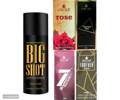 1 OSCAR JAZZ CLUB BIG SHOT DEO 150ML + 1 OSCAR FOREVER  BLACK PERFUME 10ML + 1 7SKY PINK PERFUME 10ML + 1 OSCAR THUNDER BOY PERFUME 10ML + 1 OSCAR ROSE PERFUME 10ML