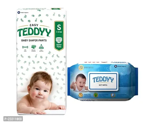 1 Teddy Small Baby Diaper Pants For Baby Weight 3-8Kg Pack Of 42 Diaper Pants And 1 Baby Wet Wipes Extra Soft And Gentle, Enriched With Aloe Vera, Hypoallergenic Formula Pack Of 72 Wipes-thumb0