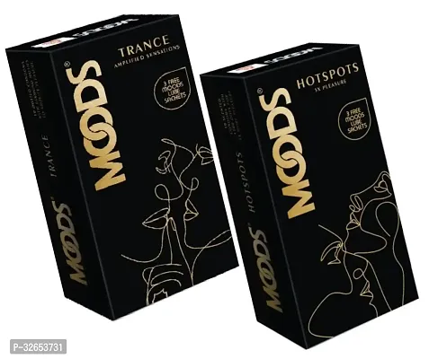 1 Moods Trance Amplified Sensations Condoms (10 Pcs) (3 Free Moods Lube Sachets) + 1 Moods Hot Spots 5 X Pleasure Condoms (10 Pcs) (3 Free Moods Lube Sachets)