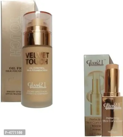 1 GLAM21 VELVET MATTE TOUCH OIL FREE SPF 35 WATERPROOF SILK FOUNDATION 50 GM+ 1 GLAM21 PERFECTING STICK WATERPROOF CONCEALER 8 GM.