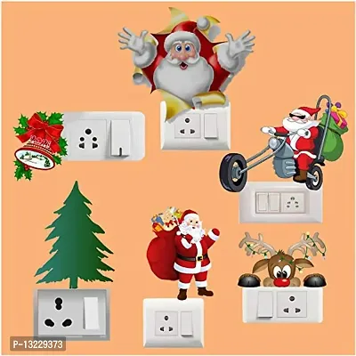 Global Graphics Decorative Colorful Santa Claus and Christmas Tree Wall Switch Penal/Board Sticker (PVC Vinyl)